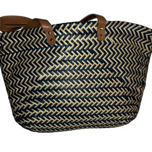 Stylish Navy and Tan Tote Bag, Straw feel, bendable wire top rim, T5